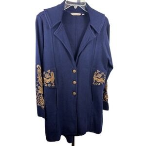 Soft Surroundings Navy‎ Gold Embroidered Long Cardigan Jacket Sweater Size Small